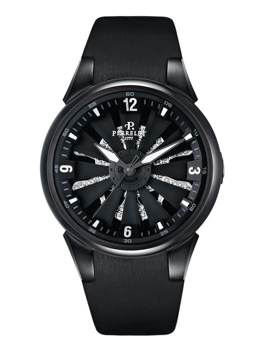 Orologio Perrelet Turbine Toxic con teschio e diamanti incastonati sul quadrante nero