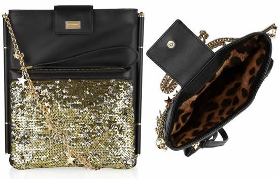 porta Tablet Dolce & Gabbana in pelle nera con paillettes e tracolla dorata