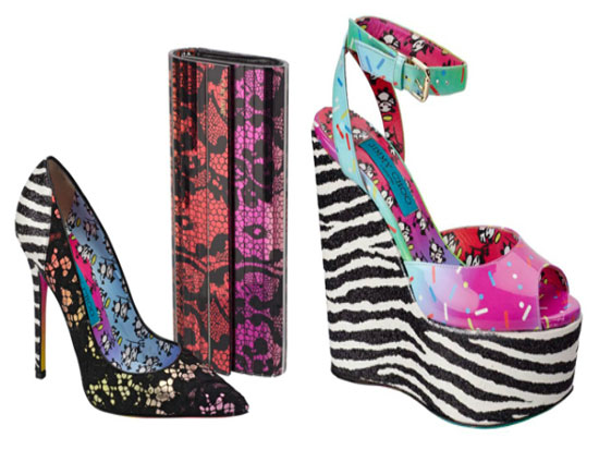 Collage di scarpe, borse e accessori della capsule collection Rob Pruitt per Jimmy Choo con motivi panda, glitter e stampa zebrate