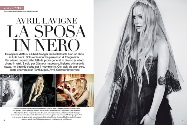 Avril Lavigne in abito da sposa nero di Monique Lhuillier nel castello francese