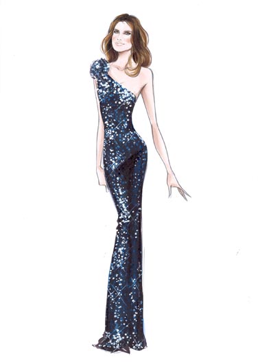 Bozzetto dell'abito Armani Privè blu scuro a sirena per Elisabetta Canalis a Sanremo