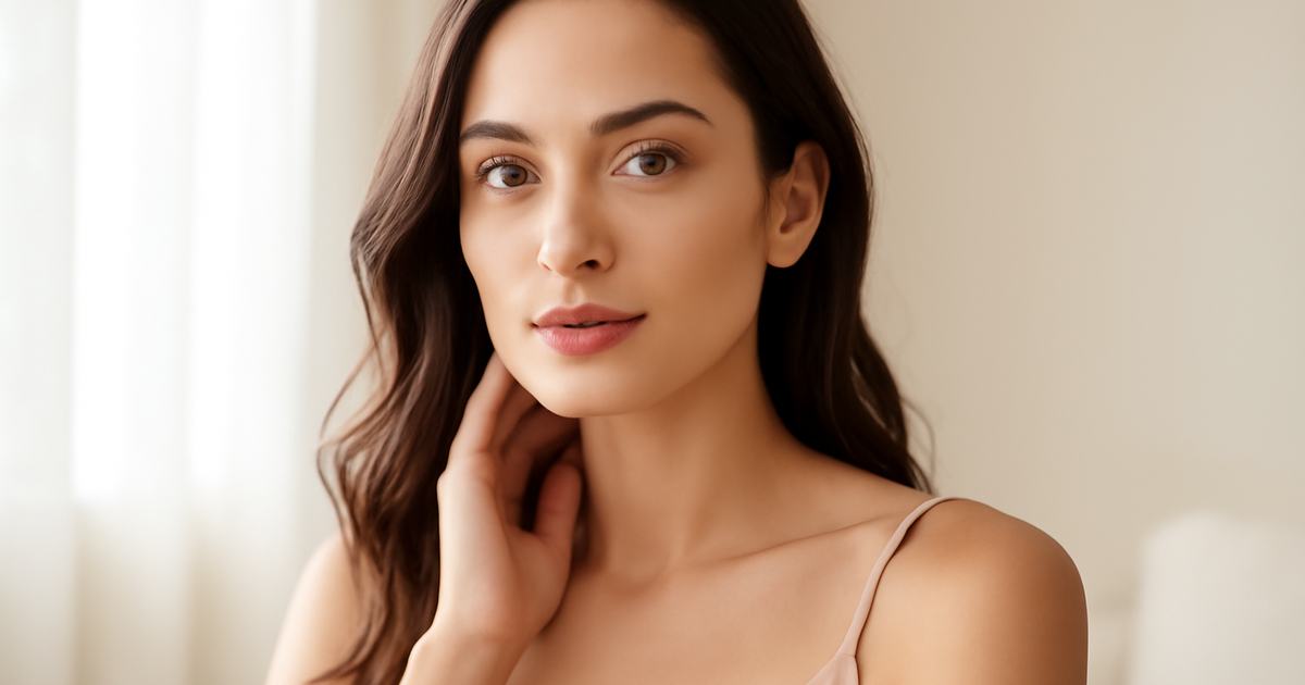 Donna con pelle luminosa e trucco naturale elegante, simbolo di bellezza femminile moderna