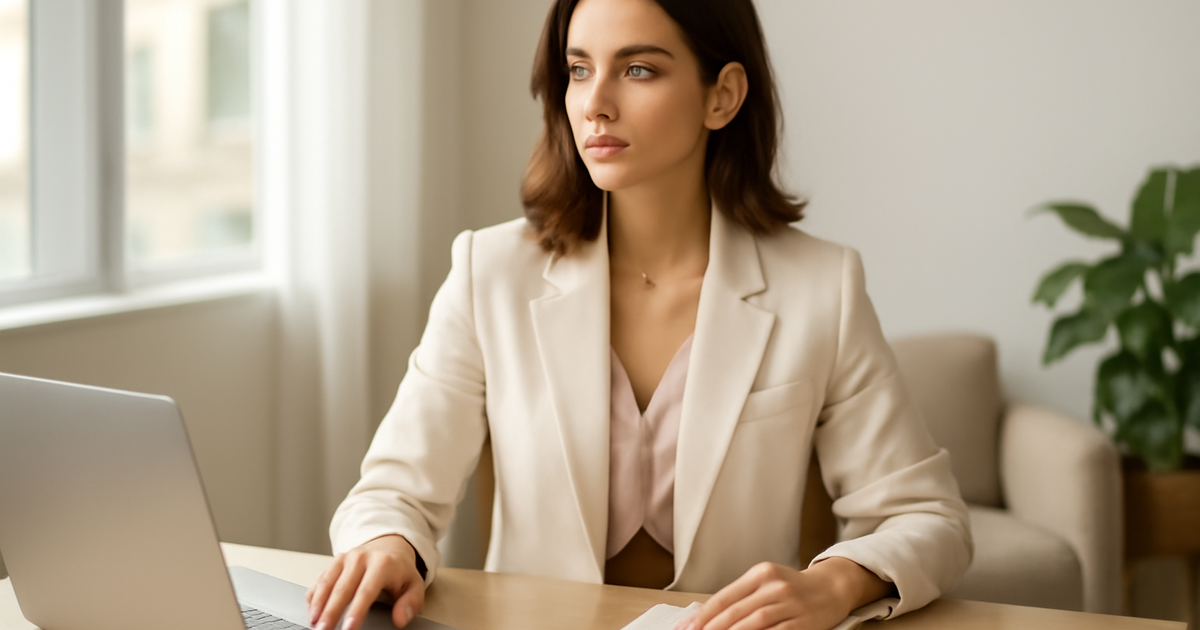 Donna elegante in abbigliamento business chic, stile moderno e professionale in ambiente ufficio
