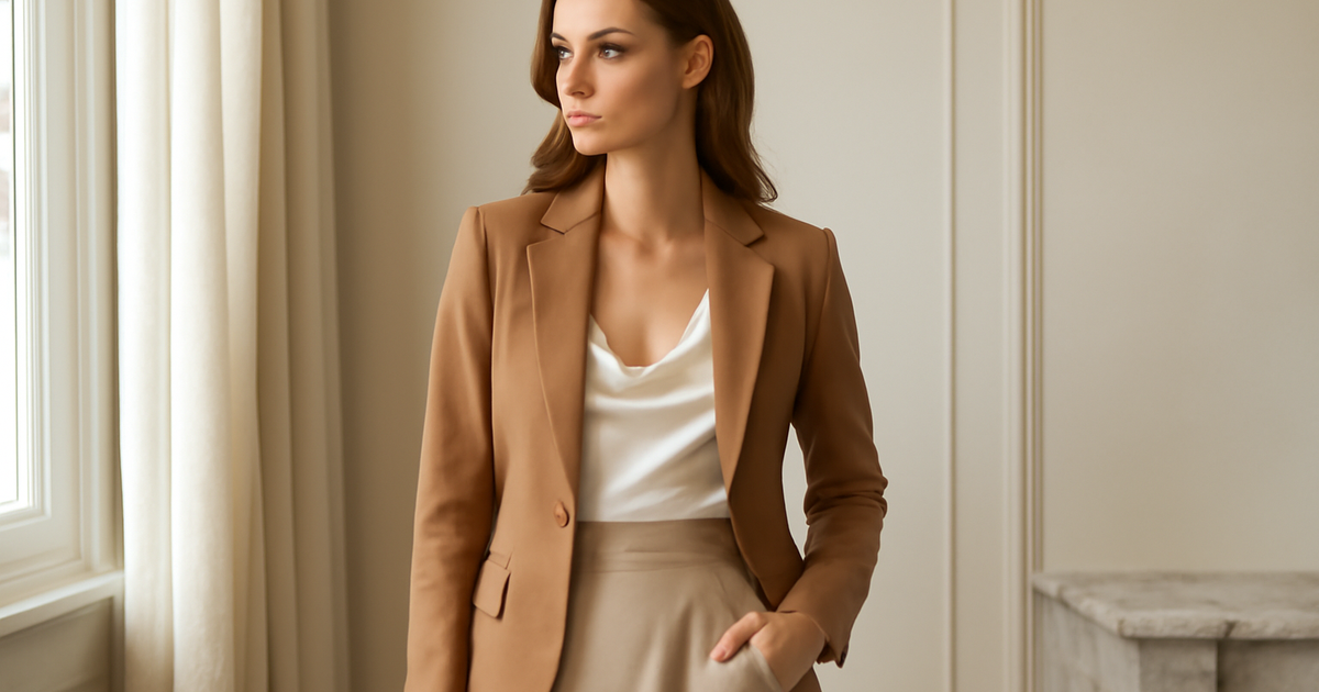 Donna elegante che indossa un outfit moderno e di tendenza in contesto urbano luminoso