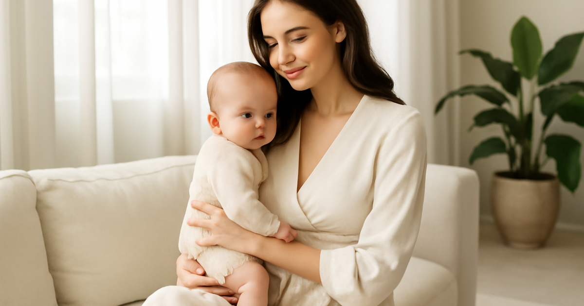 Donna madre elegante e premurosa con il suo bambino, situazione familiare emozionante e di stile