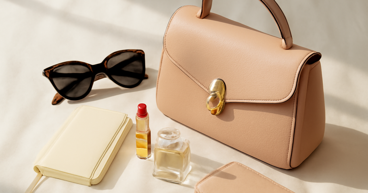 Copertina lifestyle con borsa elegante aperta con accessori femminili di moda e beauty
