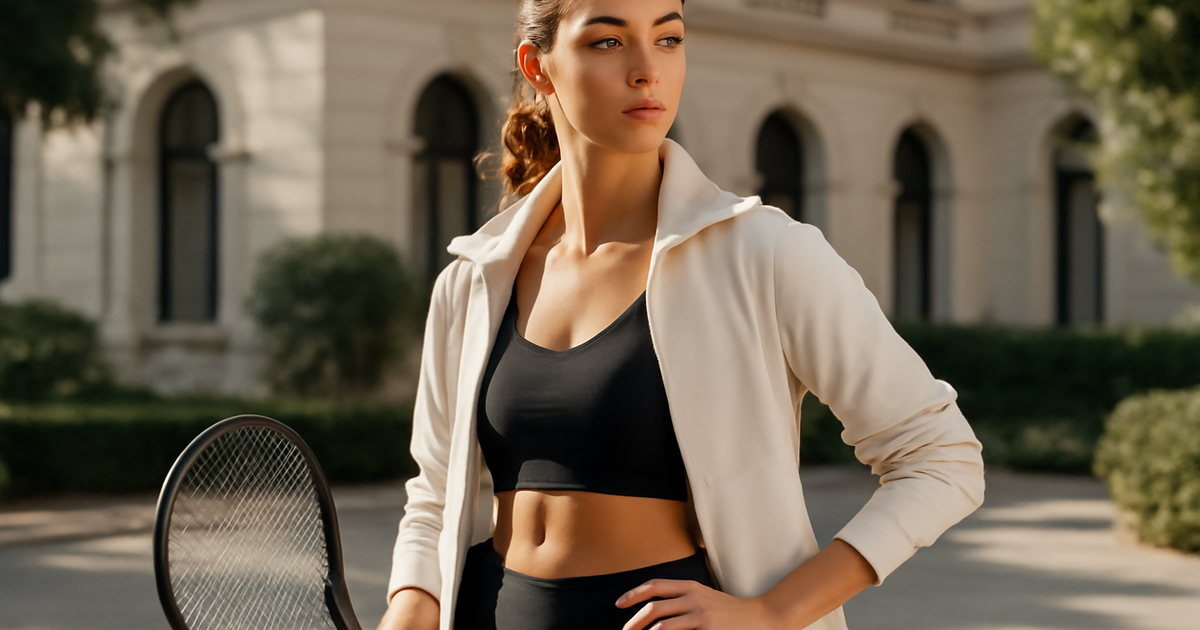Donna elegante con abbigliamento sportivo alla moda in ambiente urbano glamour