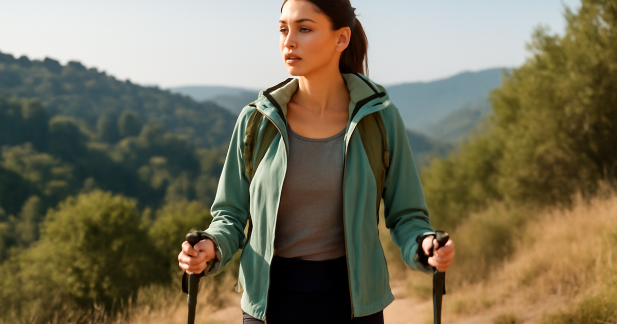 Donna sportiva con abbigliamento sportivo chic durante attività all’aperto in natura