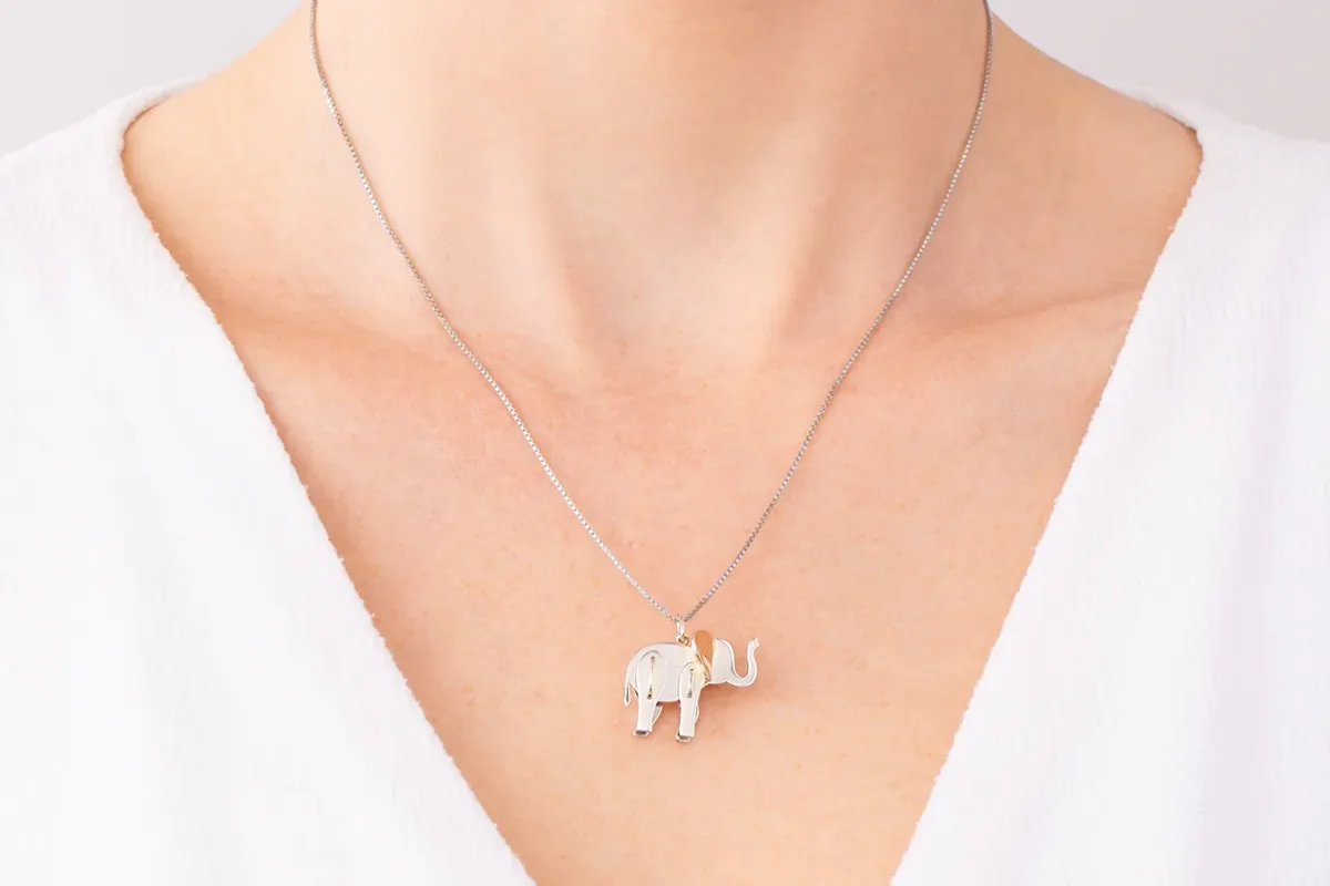 Collana fina in metallo argentato con ciondolo a forma di elefante appeso, indossata sul décolleté di una persona.