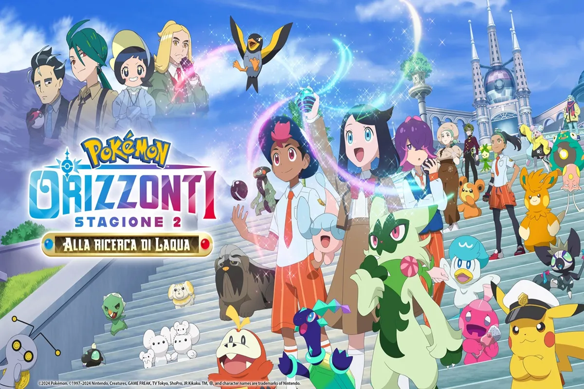 Immagine della seconda stagione di Pokémon Orizzonti con i protagonisti, i Pokémon e il cast di personaggi, tutti sorridenti e circondati da effetti magici