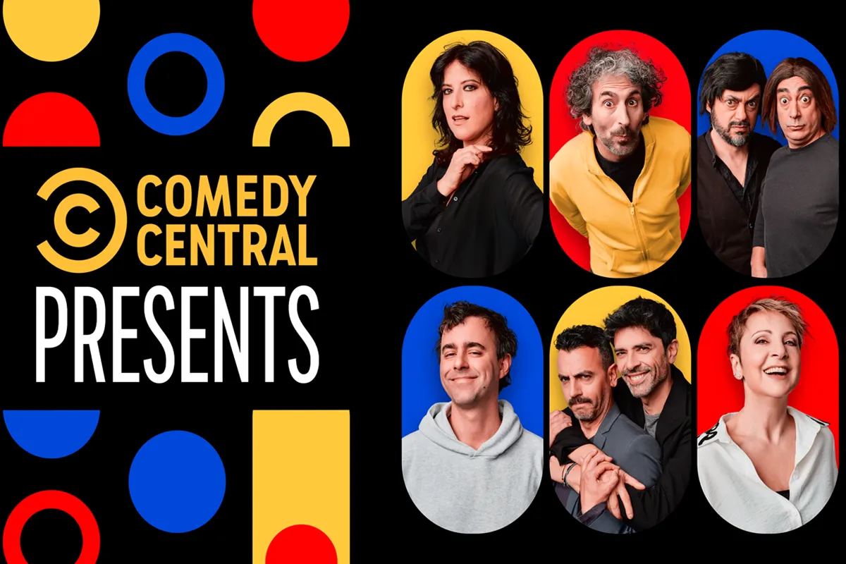 Cartaz promocional do programa Comedy Central Presents com fundo preto e elementos gráficos coloridos, apresentando oito comediantes em molduras ovais coloridas.