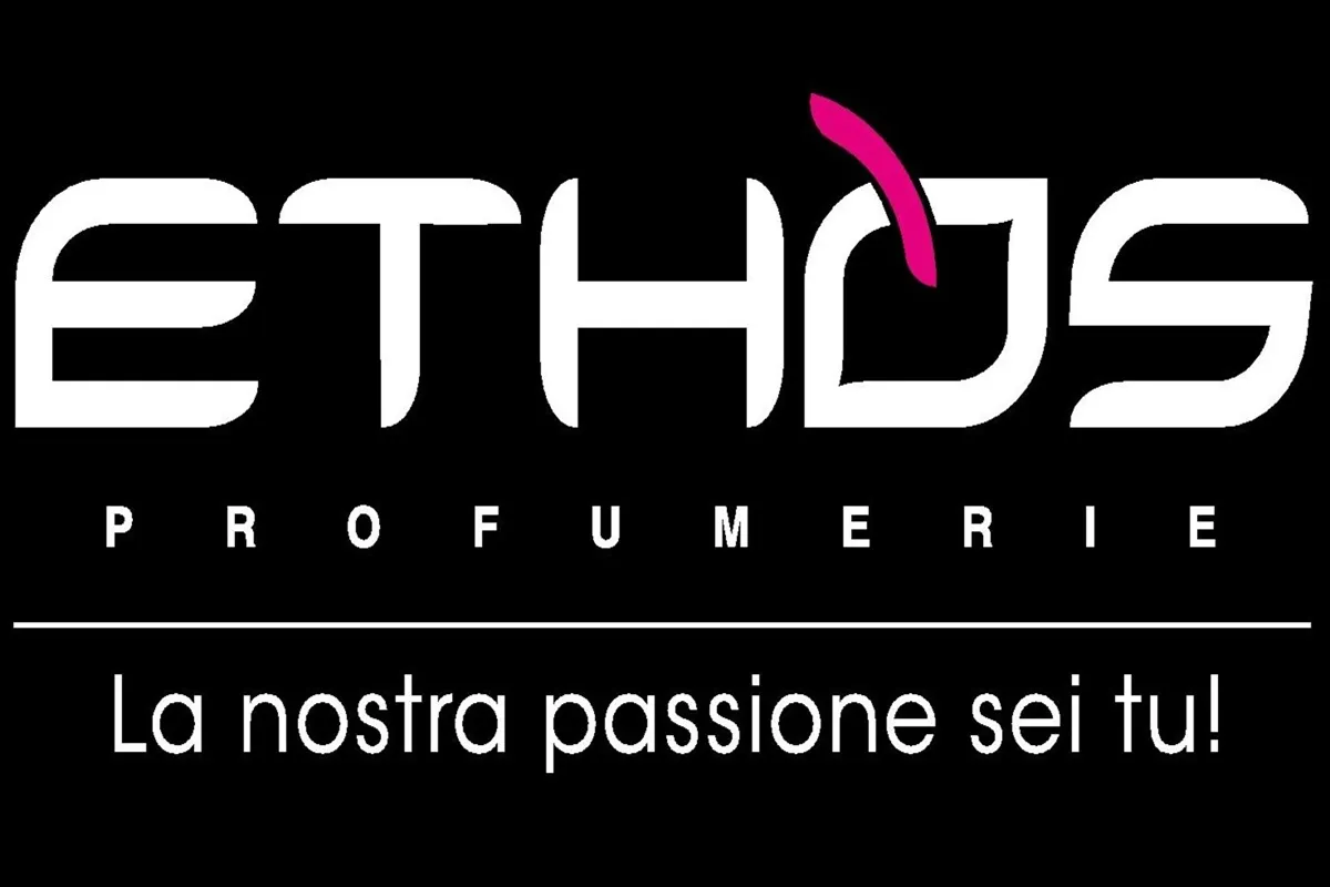 Logo Ethos Profumerie con scritta bianca su sfondo nero e slogan “La nostra passione sei tu!”