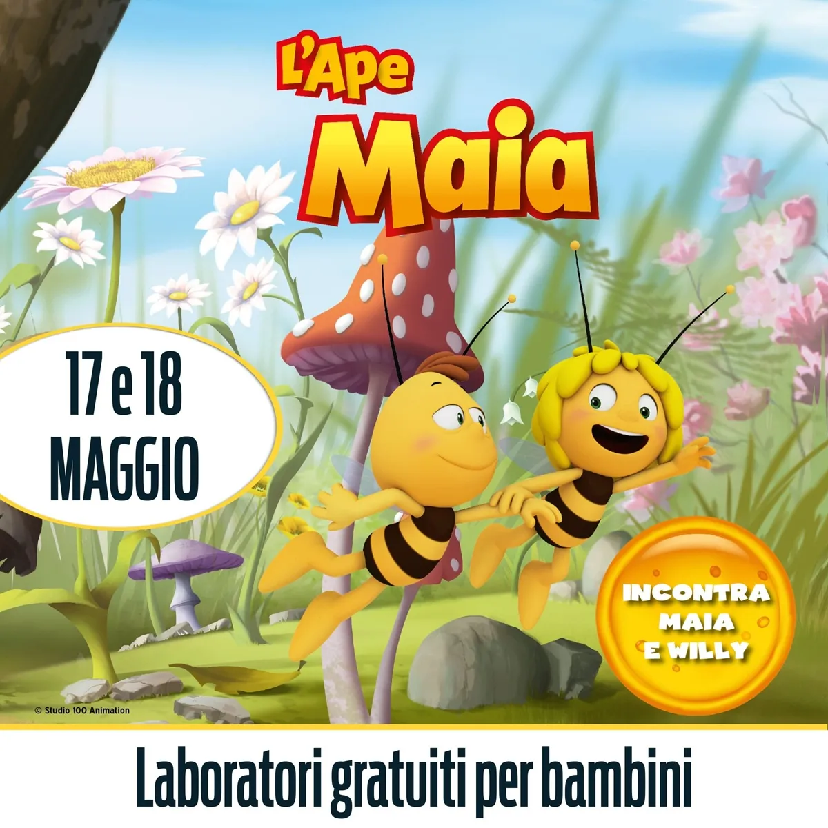 Due personaggi animati, Maia e Willy, volano felici in un prato fiorito con funghi giganti, promuovendo laboratori gratuiti per bambini al Sicilia Outlet Village il 17 e 18 maggio.