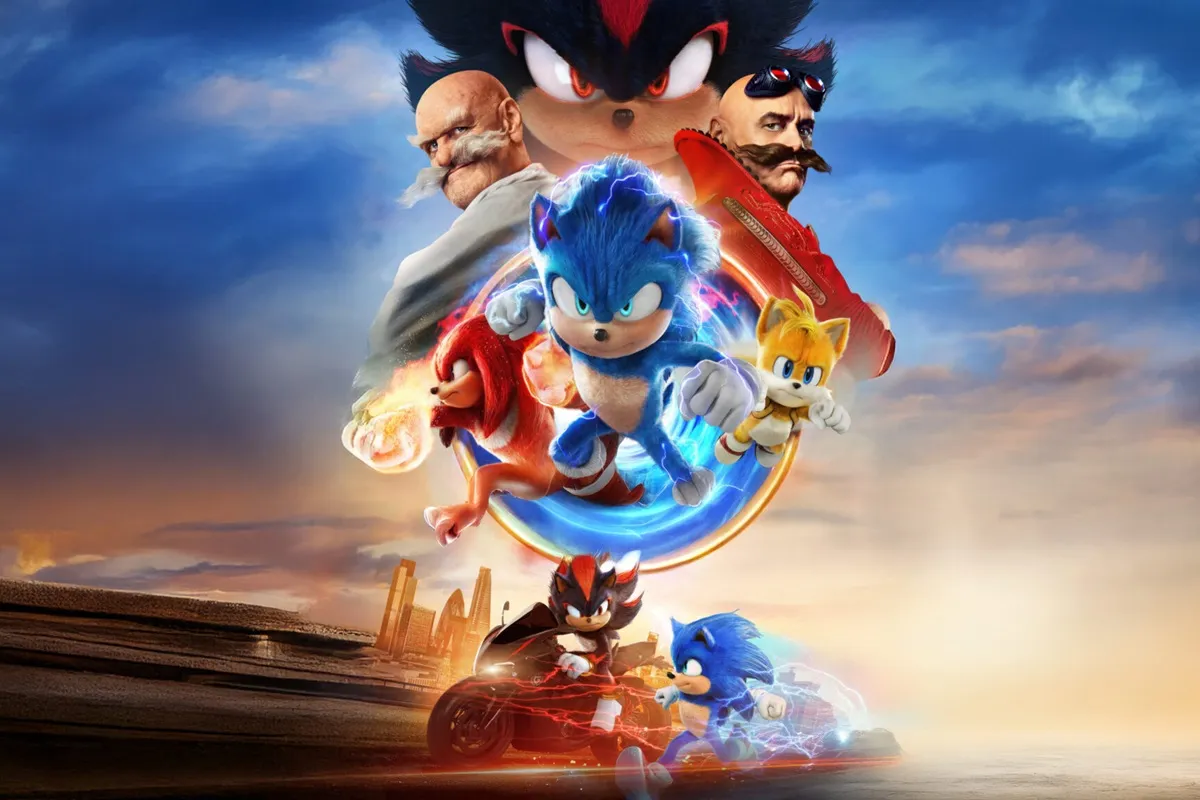 Poster ufficiale del film Sonic 3 con Sonic, Tails, Knuckles, Shadow, e Dr. Robotnik in posa d’azione davanti a un paesaggio urbano al tramonto.
