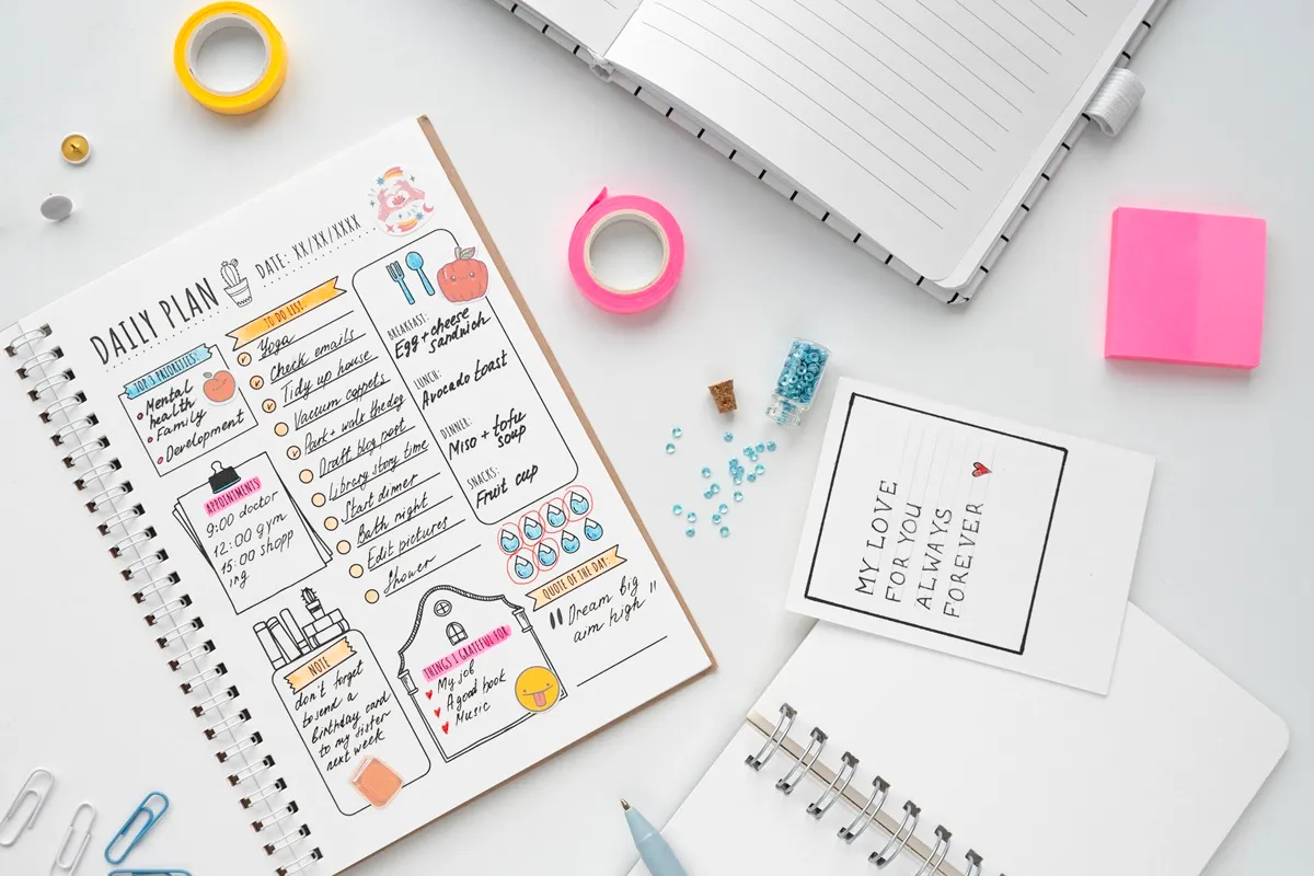 Vista dall’alto di un diario planner colorato con liste di cose da fare, orari, note e decorazioni, circondato da accessori di cancelleria