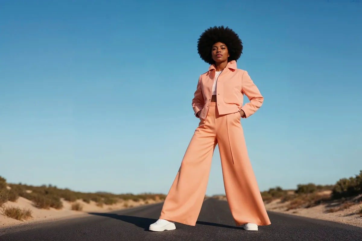 Modella con afro indossa completo color pesca con pantaloni a gamba larga e giacca corta, in posa decisa su una strada deserta sotto cielo limpido.