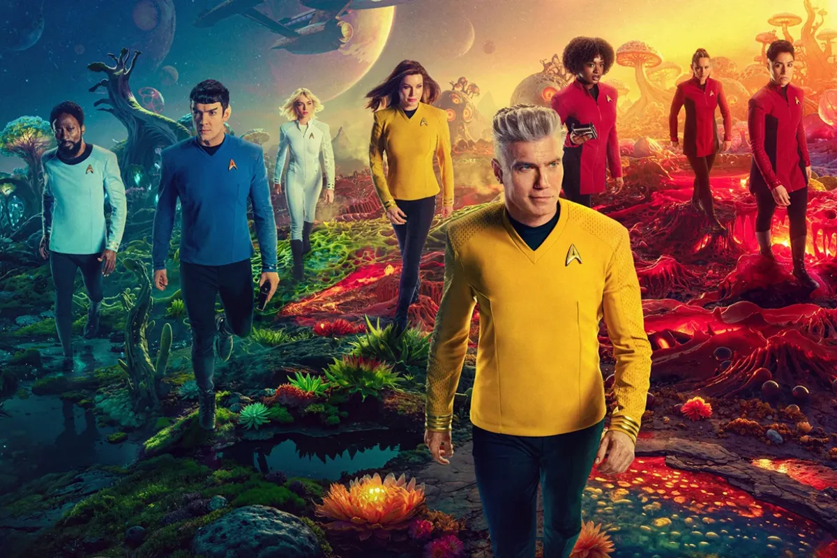 Elenco de personagens principais de Star Trek: Strange New Worlds caminhando por um planeta alienígena vibrante, com trajes coloridos e paisagens deslumbrantes.