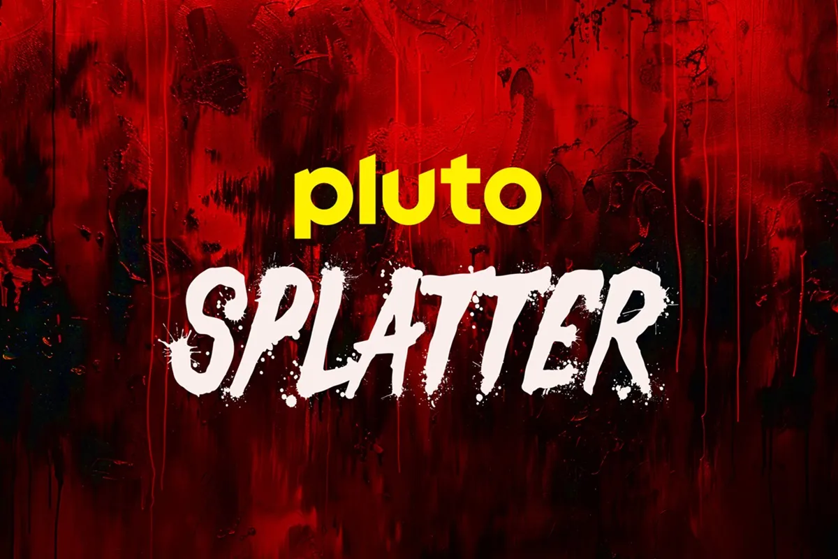 Logo di Pluto TV Splatter, un canale dedicato agli amanti dell'horror e dei film splatter, con un sfondo rosso e inquietante che evoca il brivido e l'intensità del genere.