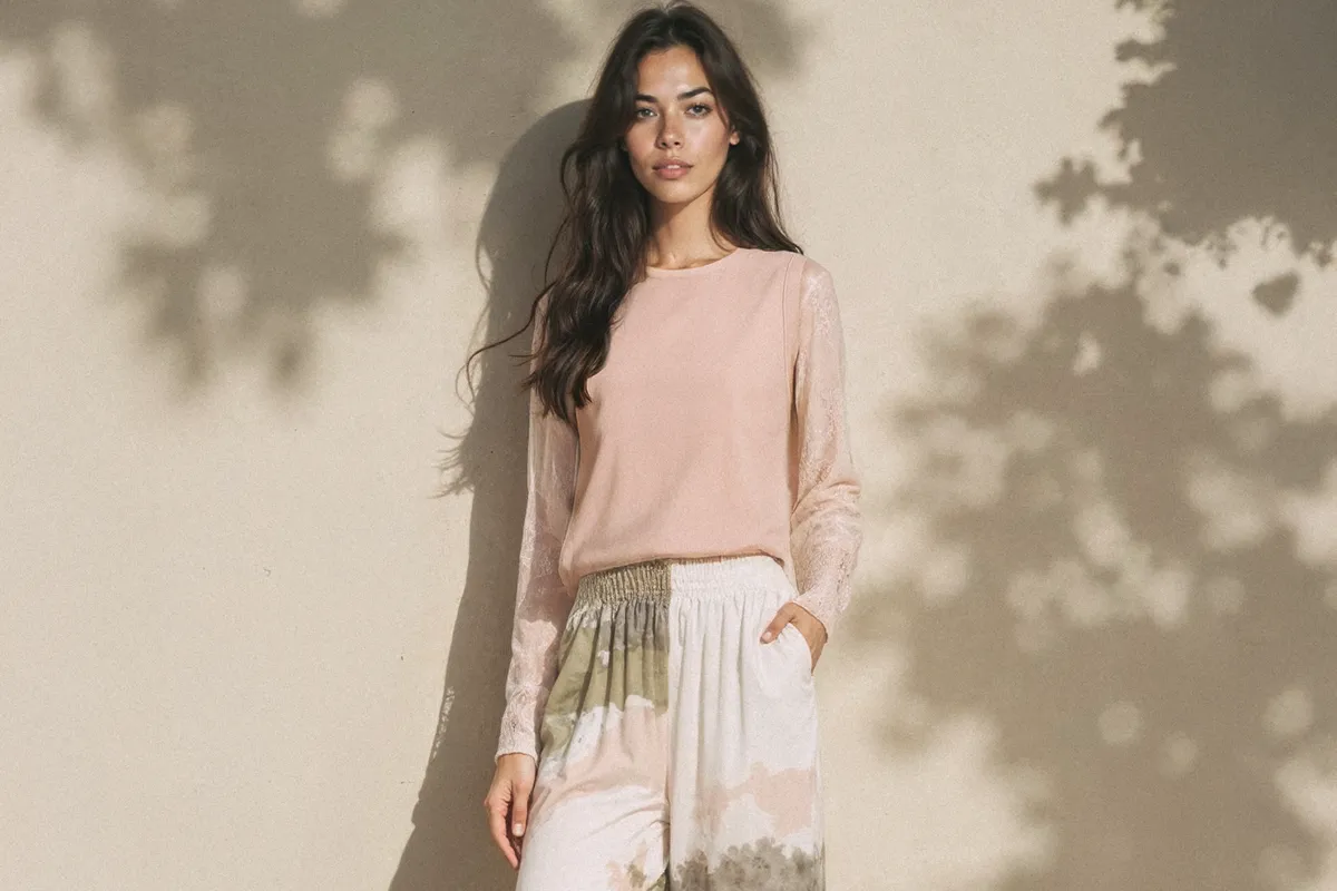 Look femminile elegante con maglia a maniche lunghe rosa e pantaloni con stampa delicata nei toni neutri, perfetto per occasioni casual e confortevoli.