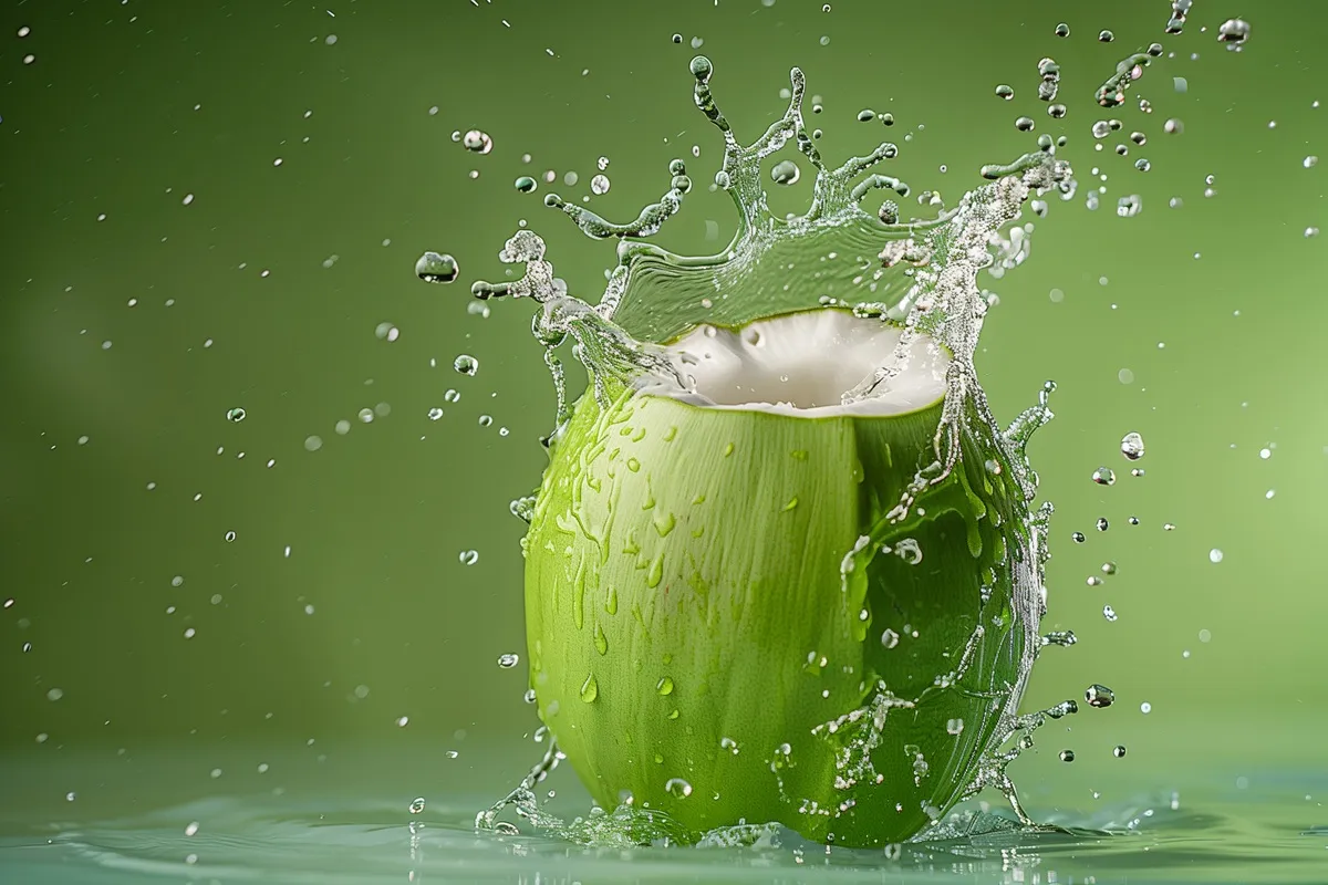 Immagine di un cocco verde con acqua che spruzza, evidenziando la freschezza e l'aspetto naturale dell'acqua di cocco.