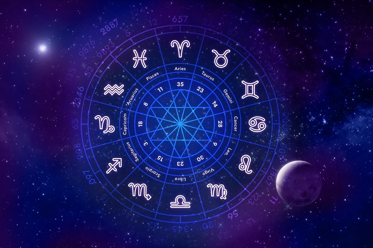 Ruota zodiacale con i simboli dei segni su sfondo stellato e pianeta visibile a destra