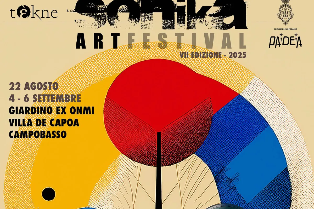 Poster retrò con forma circolare rossa, blu e gialla su sfondo crema raffigurante il logo “Sonika Art Festival VII Edizione 2025”, date “22 Agosto” e “4–6 Settembre” e luoghi “Giardino Ex Onmi” e “Villa De Capoa” a Campobasso, con loghi di Tékne, Comune di Campobasso e Paideia.
