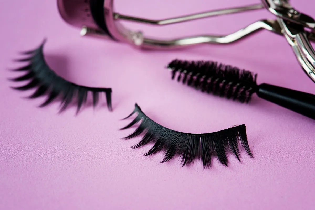 Ciglia finte nere, scovolino di mascara e piegaciglia su sfondo rosa