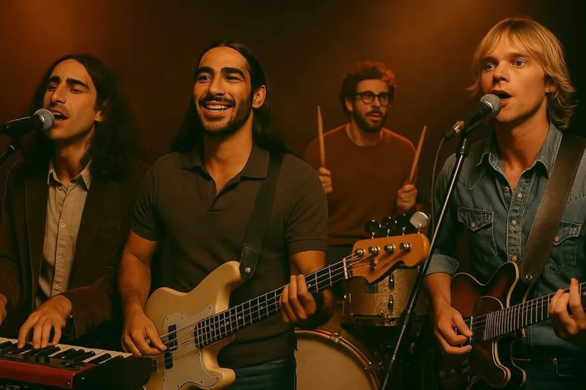 Quattro musicisti suonano in uno studio con illuminazione calda: tastierista, bassista sorridente, batterista con occhiali e chitarrista biondo al microfono