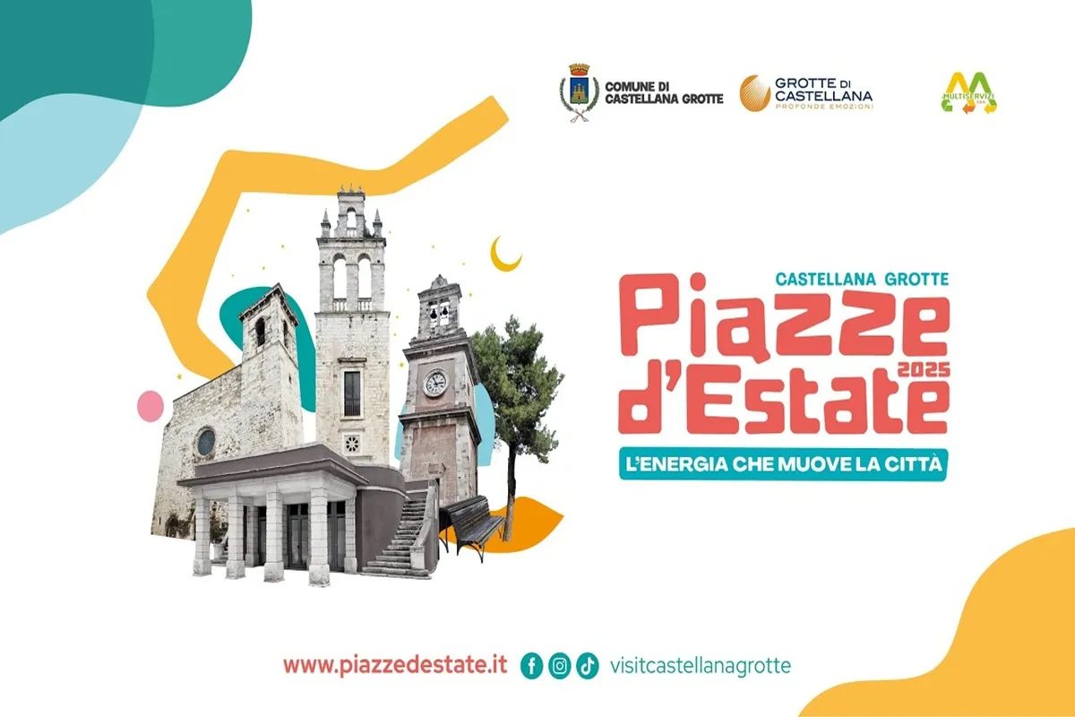 Locandina Piazze d’Estate 2025 a Castellana Grotte con skyline delle chiese locali e logo colorato “Piazze d’Estate 2025 – L’energia che muove la città”
