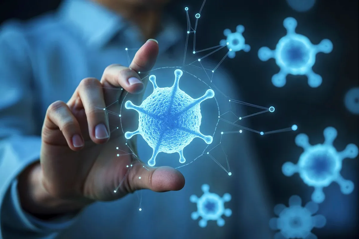 Mano umana che sfiora una rappresentazione digitale di un virus stilizzato blu, con connessioni reticolari su sfondo sfocato