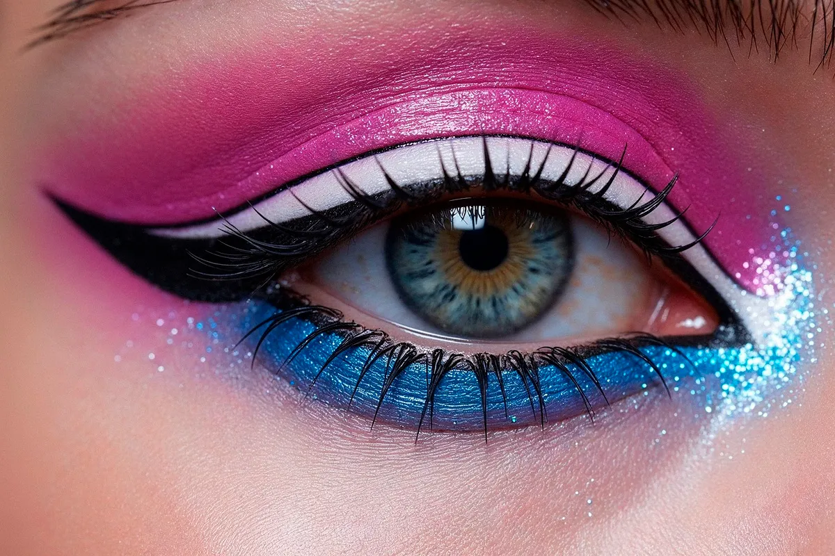 Primo piano di un occhio azzurro con eyeliner grafico nero, ombretto rosa fucsia sulla palpebra superiore e ombretto blu brillante con microglitter sotto la rima inferiore.
