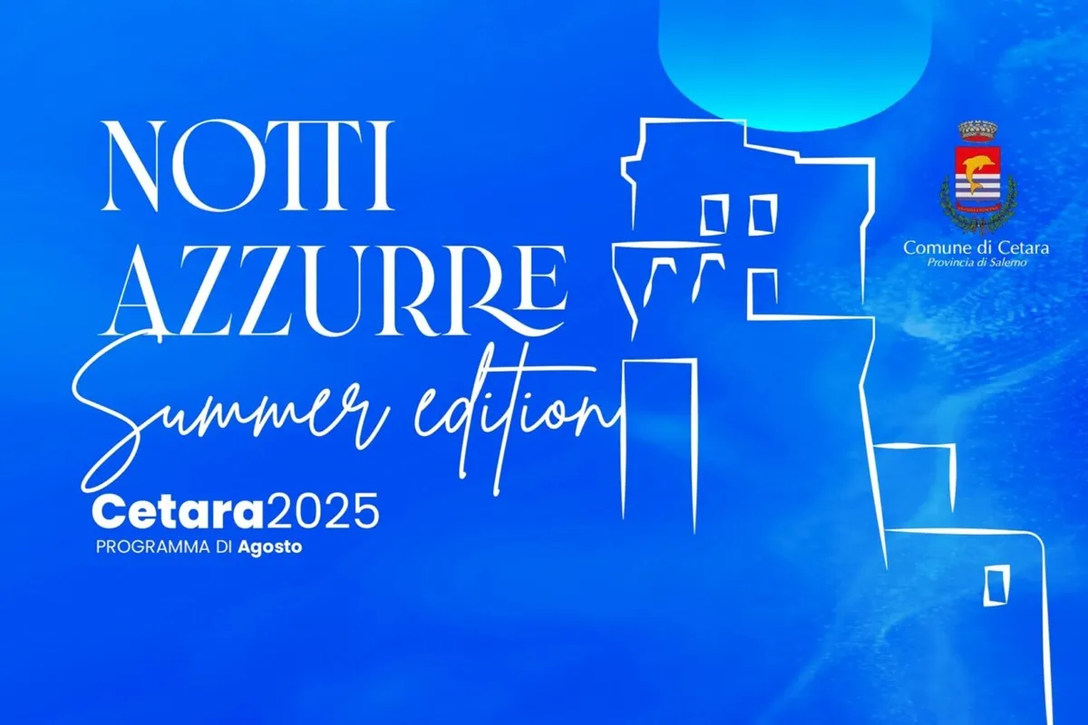 Locandina ufficiale dell’evento “Notti Azzurre Summer Edition Cetara 2025”, con sfondo blu, scritta bianca elegante e sagoma stilizzata della torre costiera.