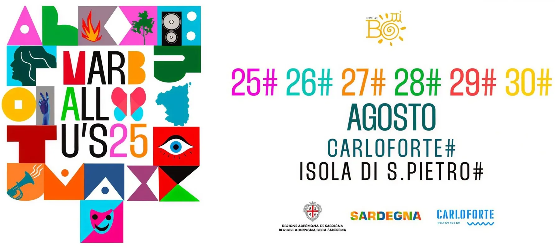 Locandina ufficiale del Marballu’s 2025 a Carloforte, Isola di San Pietro, con le date 25, 26, 27, 28, 29 e 30 agosto, loghi istituzionali della Regione Sardegna e del Comune di Carloforte.