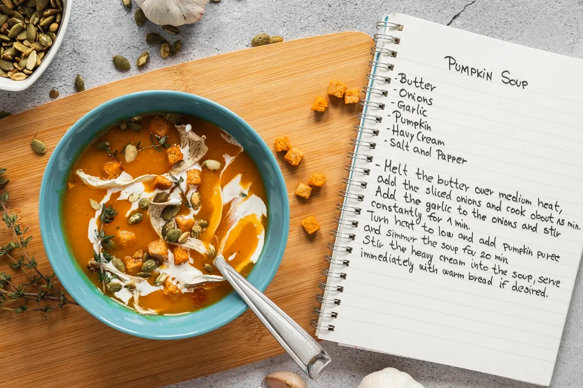 Zuppa di zucca cremosa in ciotola turchese con crostini, panna, semi di zucca e timo, accanto a una ricetta scritta a mano su taccuino aperto.