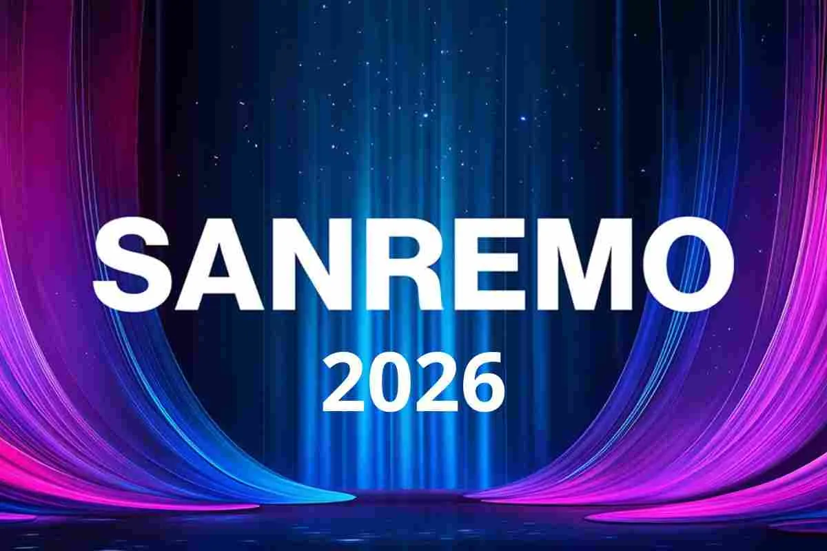 Logo ufficiale di Sanremo 2026 con scritta bianca su sfondo colorato blu, viola e rosa con luci scenografiche.
