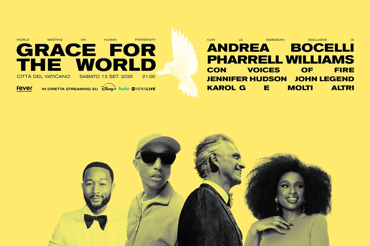 Manifesto ufficiale dell’evento Grace for the World in Vaticano il 13 settembre 2025 con Andrea Bocelli, Pharrell Williams, Jennifer Hudson, John Legend, Karol G e altri artisti.