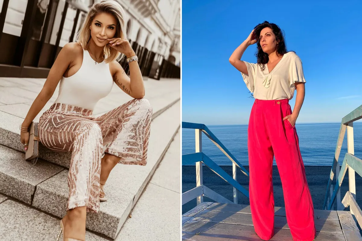 A sinistra, donna con pantaloni palazzo scintillanti rosa e top bianco aderente; a destra, donna con pantaloni palazzo fucsia e blusa chiara su passerella vista mare.