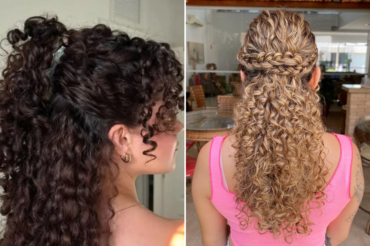 Acconciature capelli ricci: semiraccolto voluminoso e mezzo raccolto intrecciato su capelli biondi ricci