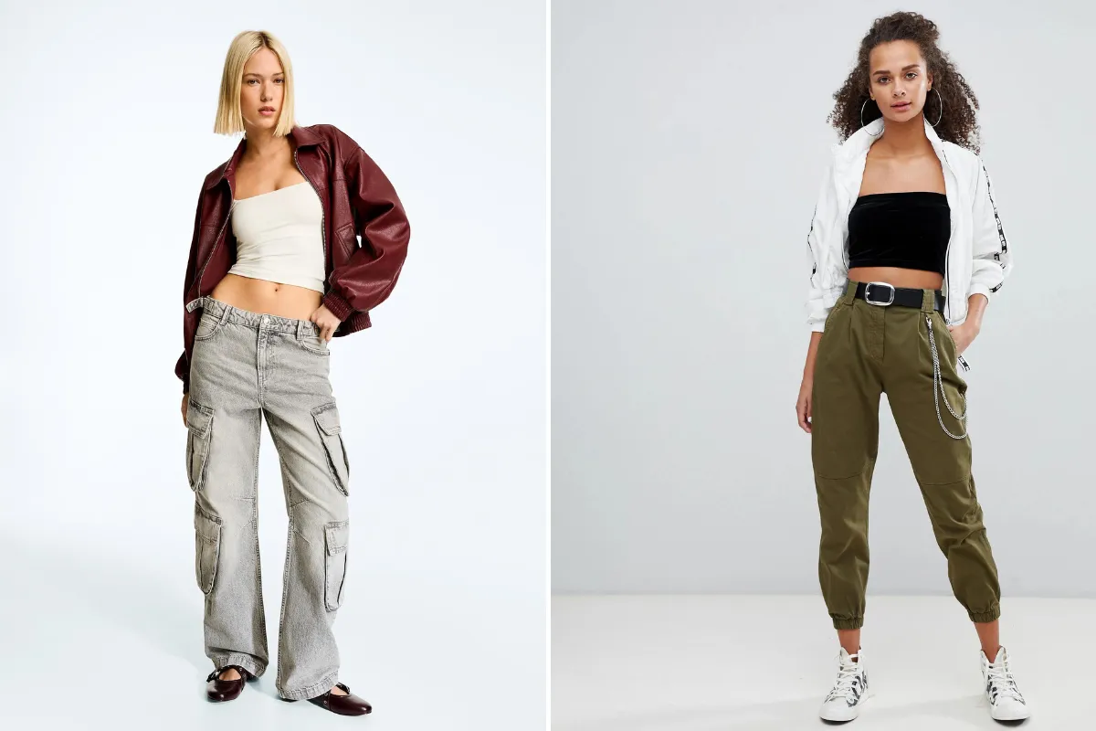 Due donne indossano pantaloni cargo: a sinistra modello largo grigio, a destra modello slim verde militare con catena.