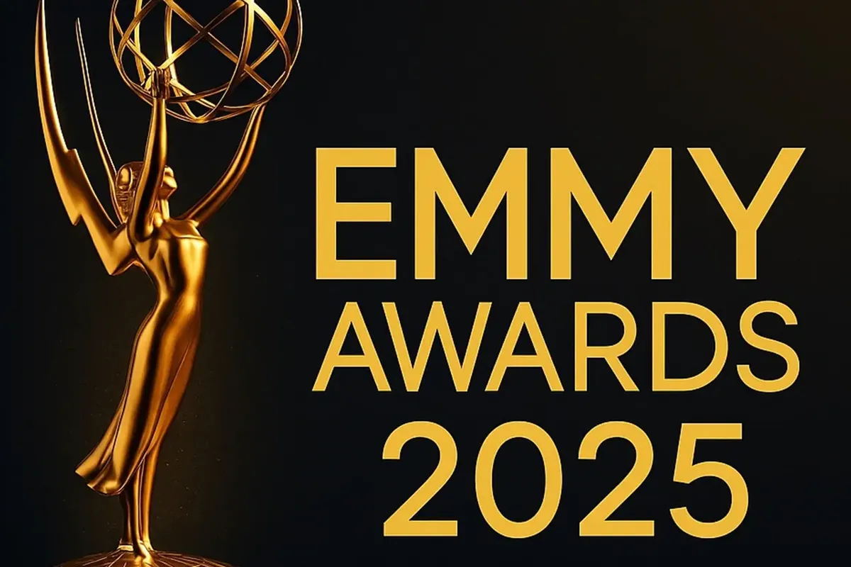 Statua dorata degli Emmy accanto alla scritta “Emmy Awards 2025” su sfondo nero, simbolo ufficiale della 77ª edizione della premiazione televisiva.