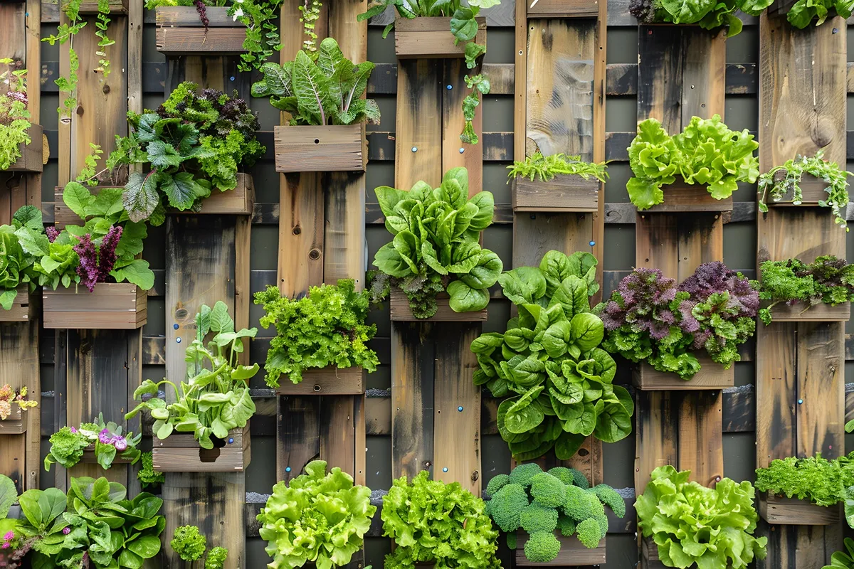 Orto verticale con insalate, spinaci, broccoli e altre verdure coltivate in cassette di legno appese a una parete.