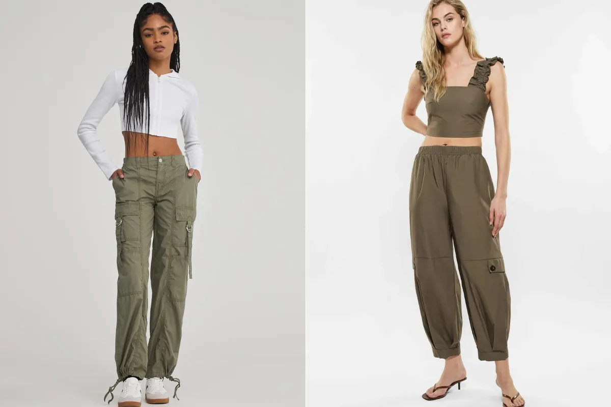 Due donne indossano pantaloni cargo color verde oliva: a sinistra un modello a vita bassa con tasche laterali e coulisse alle caviglie, abbinato a un top bianco corto; a destra un modello a vita alta con elastico e top coordinato con spalline arricciate.
