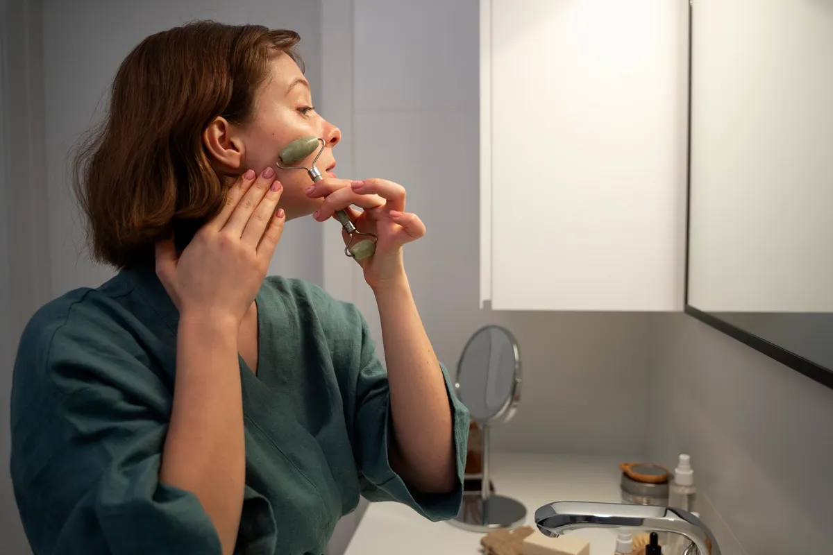 Donna che utilizza un rullo di giada per massaggiare il viso davanti allo specchio, indossando una vestaglia verde.