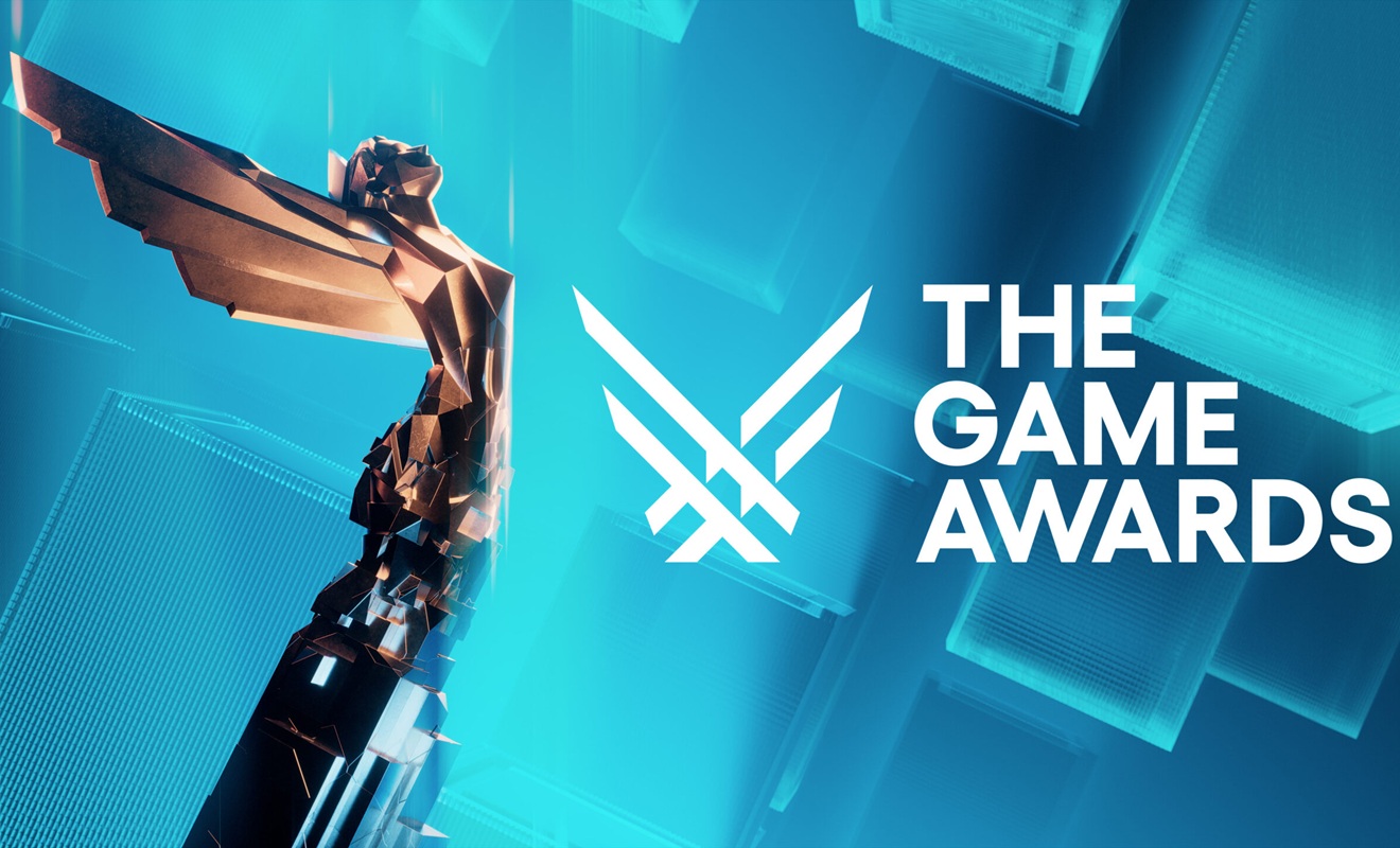 Trofeo ufficiale di The Game Awards con logo dell’evento su sfondo blu digitale