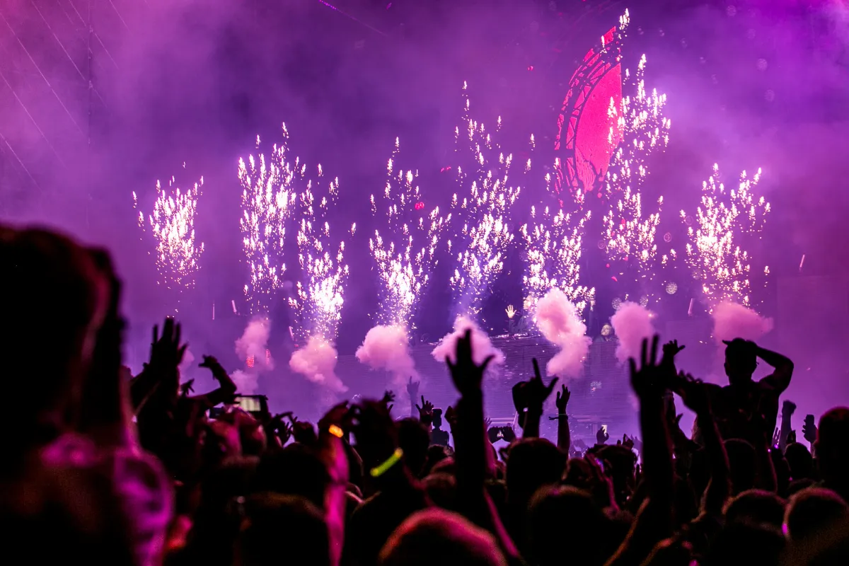 Una folla osserva i fuochi d'artificio che illuminano il cielo durante una festa notturna.