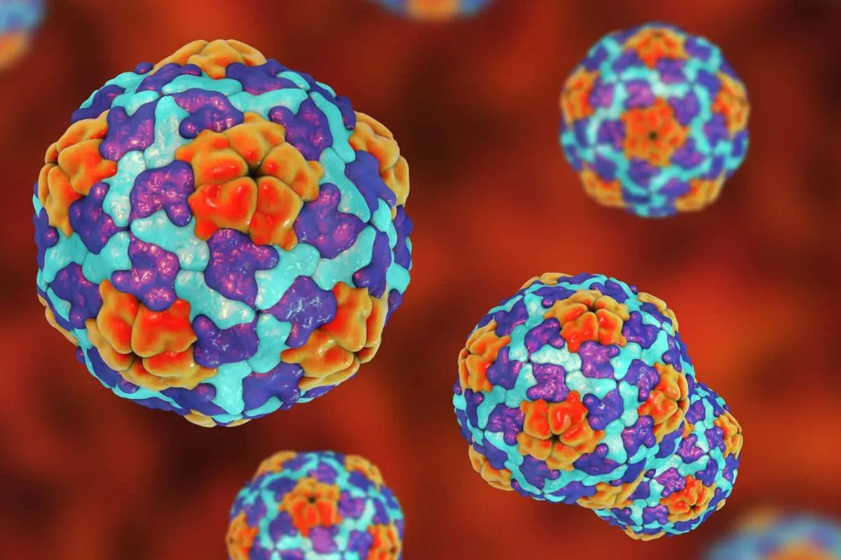 Illustrazione 3D del virus dell’epatite A con struttura sferica colorata su sfondo rosso