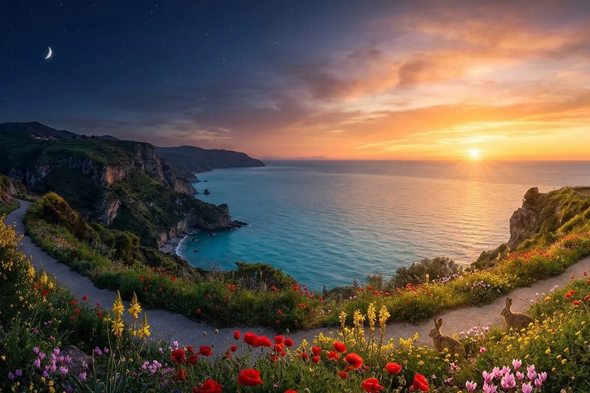 Tramonto sul mare con scogliere verdi, sentiero fiorito con papaveri e due conigli, cielo con luna crescente e stelle