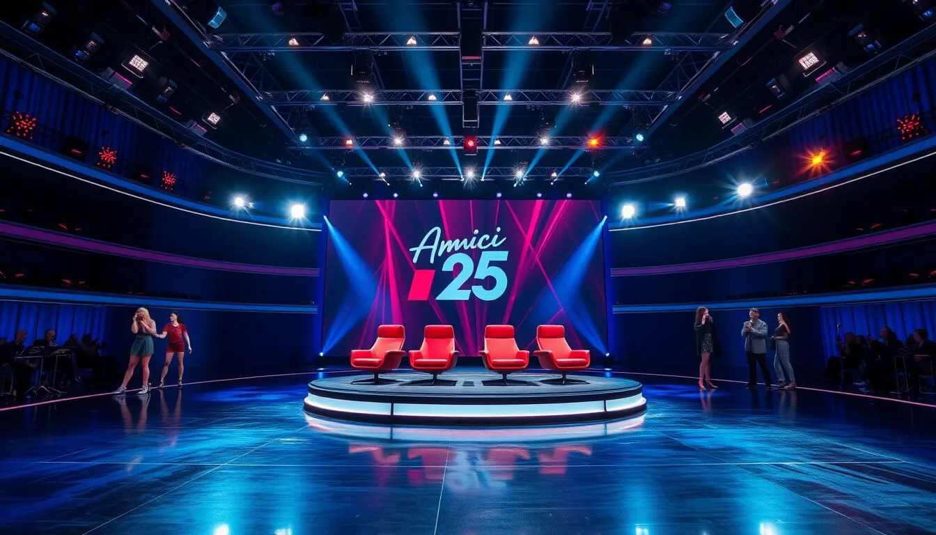 Studio del programma Amici 25 con palco illuminato, sedie rosse e ballerini sul set